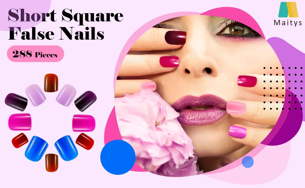 288 Pieces 12 Sets Short Press on Nails Square Fake Nails Glossy Glue on Nails Artificial Full Cover False Nails Solid Color Acrylic Nail Tips (Classic Colors) Assorted,Blue,Purple - product information 1