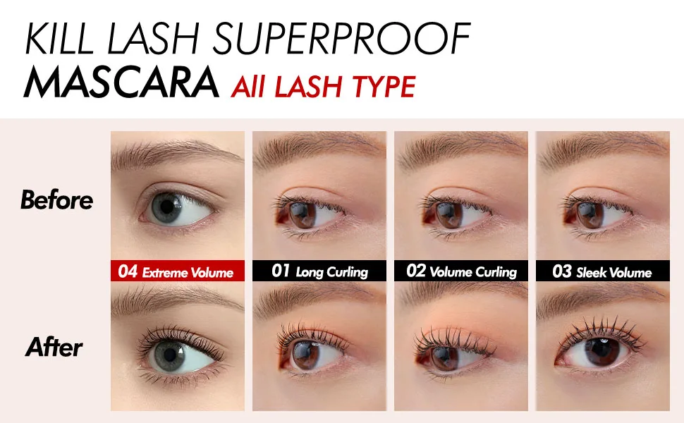 CLIO Kill Lash Superproof Mascara | Ultra-Volumizing, Smudge-Proof, Clump-Free, Curl-Holding, Long-Lasting | Extreme Volume (#04), 0.24 fl oz 04 EXTREME VOLUME - product information 7