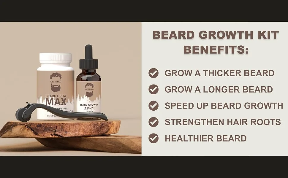 Crafted Beard Growth Kit - The Best Beard Growth Kit - Grow A Thicker Fuller Beard - 3x Beard Growth Oil, 3x Beard Roller, 3x Beard Growth Vitamins (3 Month Kit) 9 Piece Set - Beard Growth Kit Benefits, grow a thicker beard, longer beard, speed up beard growth