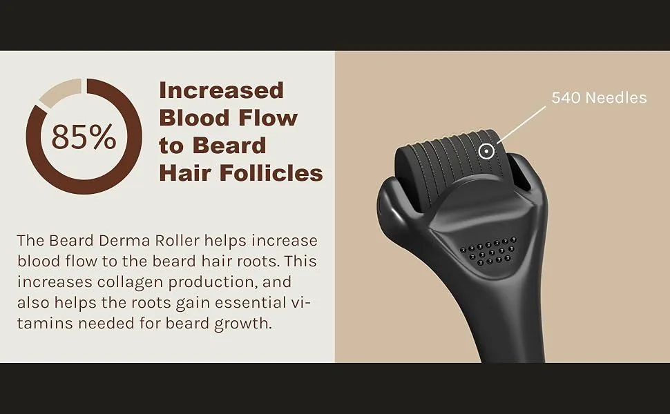 Crafted Beard Growth Kit - The Best Beard Growth Kit - Grow A Thicker Fuller Beard - 3x Beard Growth Oil, 3x Beard Roller, 3x Beard Growth Vitamins (3 Month Kit) 9 Piece Set - Beard roller, increases blood flow to beard hair roots