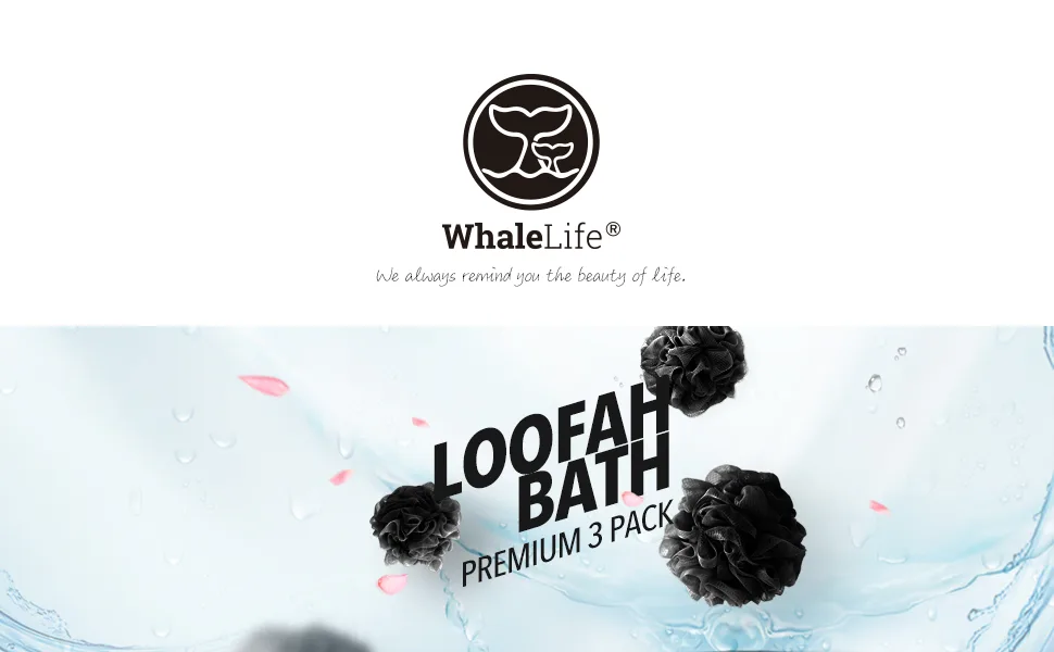 WhaleLife Bath Loofah Sponge Shower Pouf Puff for Men Women 3 Pack (Black) Pure black - bath sponge