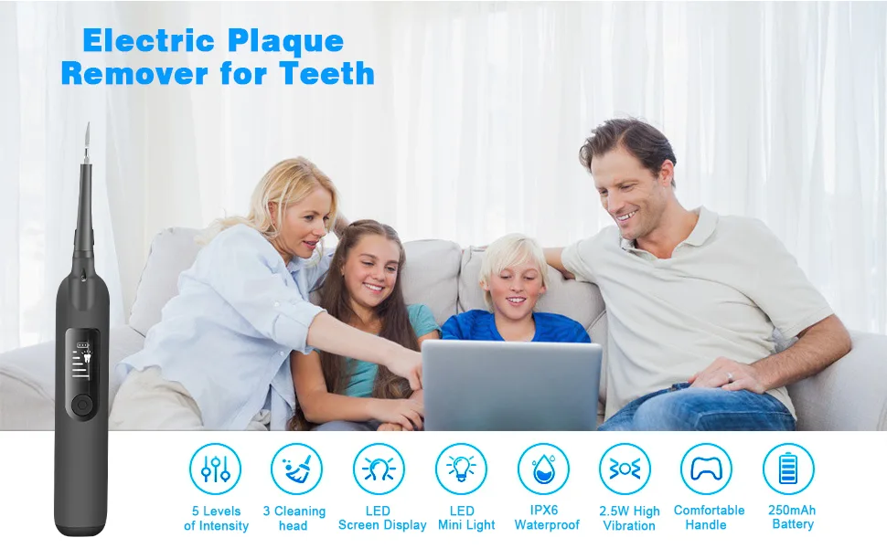Electric Plaque Remover for Teeth, Tooth Cleaner Dental Calculus Remover Teeth Cleaning Kit with 5 Adjustable Modes,2 Replaceable Clean Heads and 1 Mouth Mirror Gray - tooth cleaner