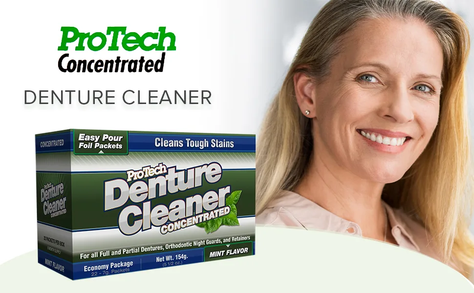 Protech Denture Cleaner 7g (3-Month Supply) Denture Cleanser Foils for Retainers, Nightguards, Mouthguards, and Dentures, Nicotine, Coffee and Iron Cleaning Foils, No Tablets, Long Lasting Packets 12 Pack - Pro Tech Denture Cleaner