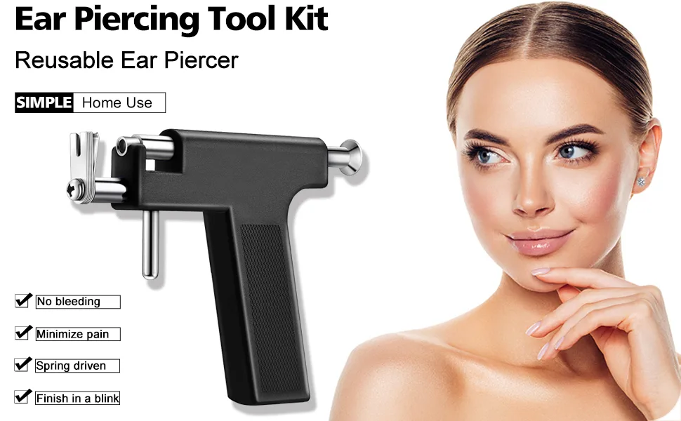 Ear Piercing Tool Set, Ear Piercing Gun Kit,Ear Nose Navel Piercing Machine, Professional Body Hole Piercing Tool For Salon Home Use (Black) - ear piercing gun