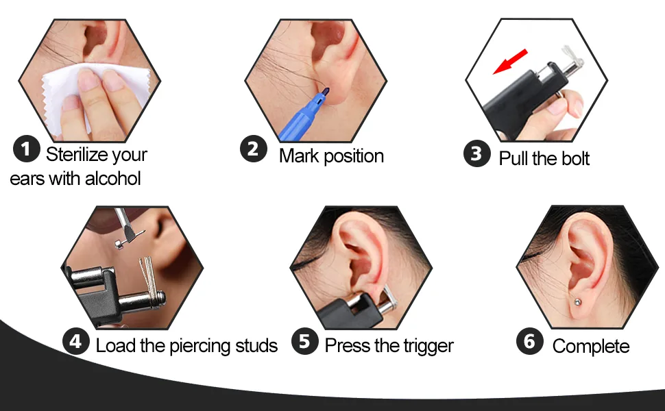 Ear Piercing Tool Set, Ear Piercing Gun Kit,Ear Nose Navel Piercing Machine, Professional Body Hole Piercing Tool For Salon Home Use (Black) - how to use