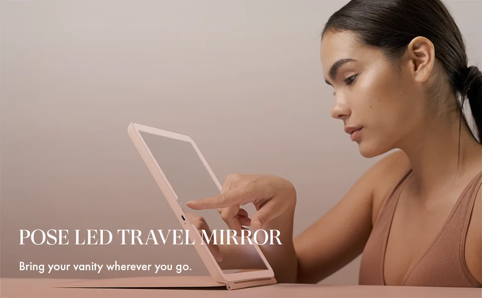 LED Travel Handheld Vanity Mirror, Pose by Vanity Planet - 3 LED Colors for Consistent Lighting with Dimmable Ring Light - Built-in Touch Sensors with Rechargeable Micro-USB - Blush Pink - Case Lit Bright Touch Smart Standing Face Mirrow Flat Wall Planet Maquillaje Double Sided