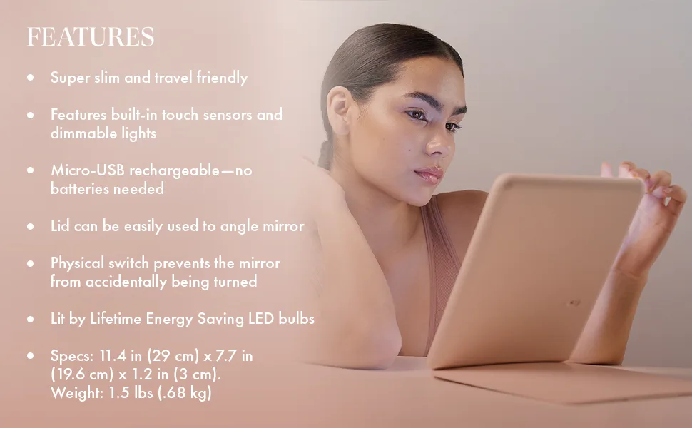 LED Travel Handheld Vanity Mirror, Pose by Vanity Planet - 3 LED Colors for Consistent Lighting with Dimmable Ring Light - Built-in Touch Sensors with Rechargeable Micro-USB - Blush Pink - Mirror Travel Makeup Light Led Lighted Vanity Lights Magnifying Portable Compact
