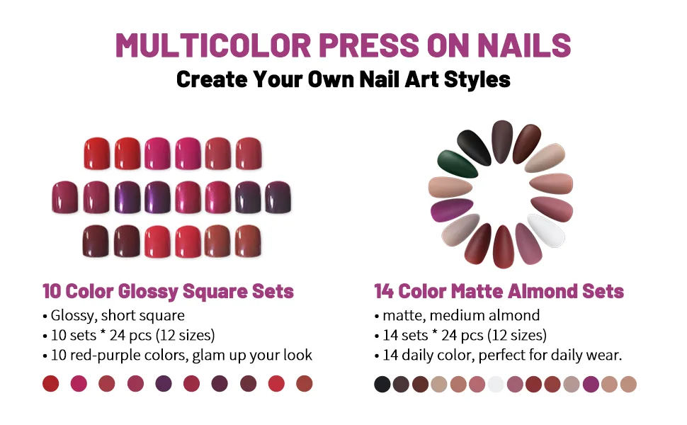 12 Packs 240pcs Square Matte Press On Nails Professional Solid Color Fake Nails Supplies Multicolor Square Squoval Acrylic Nails for Daily MIX 12packs square - pure color nails