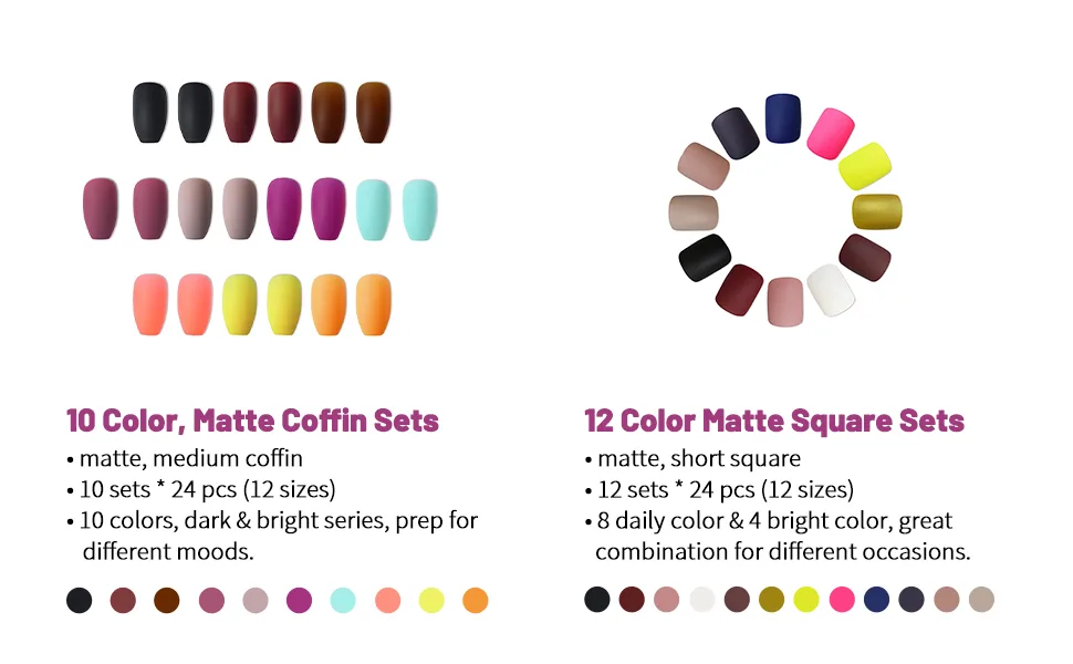 12 Packs 240pcs Square Matte Press On Nails Professional Solid Color Fake Nails Supplies Multicolor Square Squoval Acrylic Nails for Daily MIX 12packs square - pure color nails