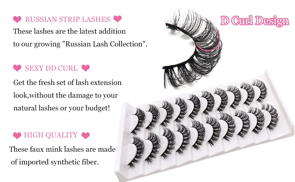 Veleasha Russian Strip Lashes DD Curl False Eyelashes Fluffy Wispy Faux Mink Lashes 10 Pairs Pack (D02) Russian Curl D02 - D02-2
