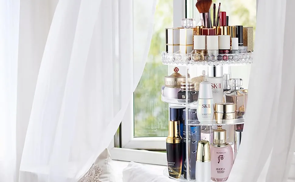 360 Rotating Makeup Organizer, Make up Beauty Organizer Vanity Cosmetic Carousel Spinning Storage Acrylic Diamond Crystal Caddy for Bathroom Countertop Perfume Lipstick Makeup Brush Holder - makeup organizer
