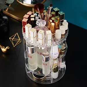 360 Rotating Makeup Organizer, Make up Beauty Organizer Vanity Cosmetic Carousel Spinning Storage Acrylic Diamond Crystal Caddy for Bathroom Countertop Perfume Lipstick Makeup Brush Holder - top tray