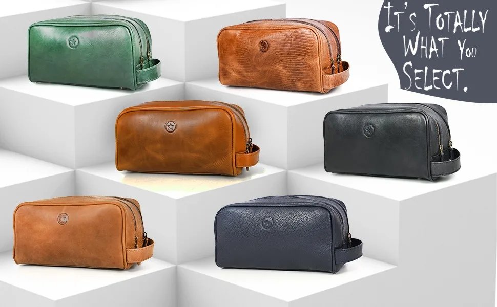 Aaron Leather Goods Leather Toiletry Bag for Men and Women Brown 10.5 Inch (Cerulean) - wb21