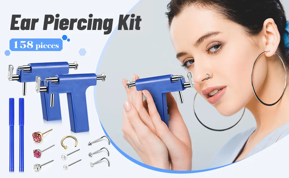 158 Pieces Ear Piercing Kit Nose Ear Piercing Disposable Ear Piercing Tool Body Ear Nose Navel Piercing Machine Ear Piercing Machine Piercing Stud Earrings for Women Girls (Black) - product information 1
