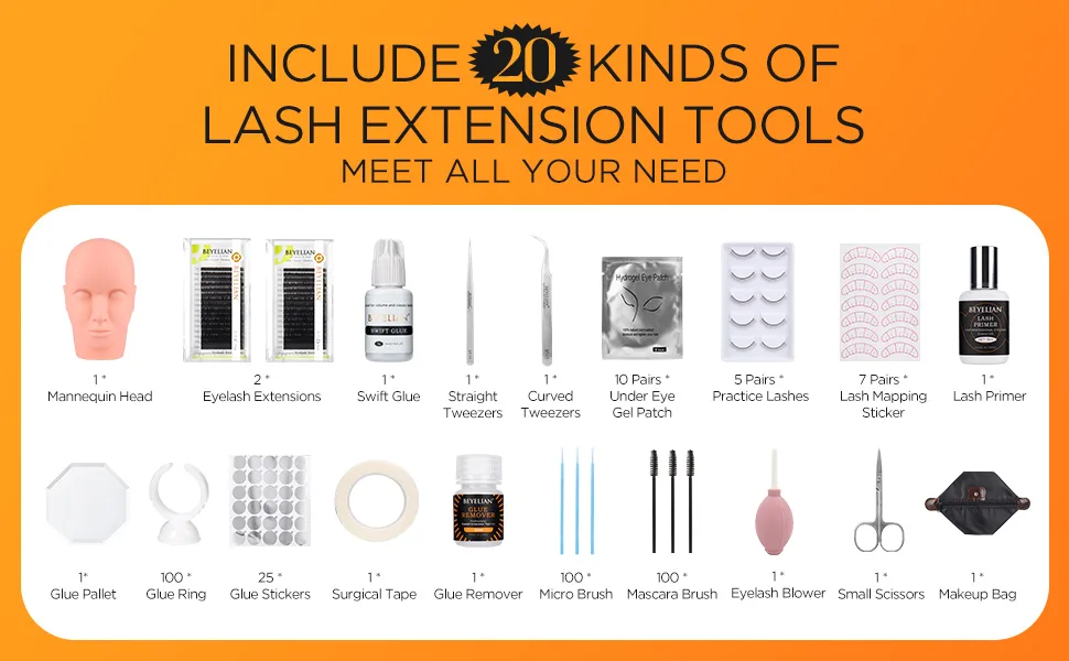 Eyelash Extension Kit,with lash Mannequin Head Lash Practice training kit Professional lash extension supplies Tool for Lash Training by BEYELIAN 361 Piece Set - lash practice kit