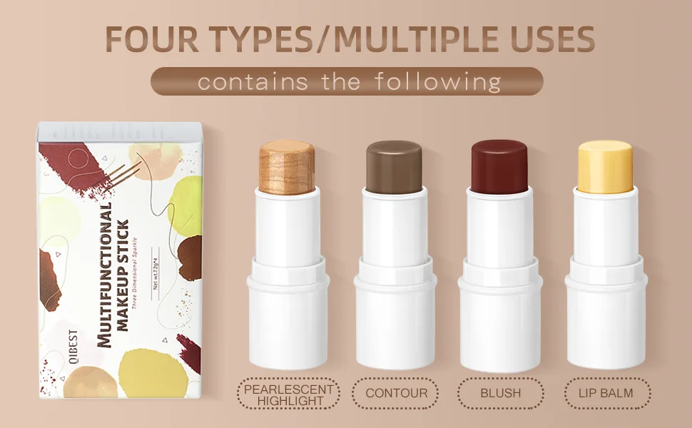 ONLYOILY 4 Pcs Makeup Sticks for Eternal Youth, Contour Stick, Highlighter Stick, Blush Stick & Moisturizer, Multi Face Makeup Set, Great For Gift #1+#3+#6+Moisturizer - contour stick, highlighter stick, blush, blush stick