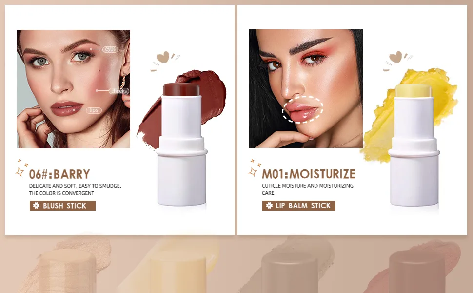 ONLYOILY 4 Pcs Makeup Sticks for Eternal Youth, Contour Stick, Highlighter Stick, Blush Stick & Moisturizer, Multi Face Makeup Set, Great For Gift #1+#3+#6+Moisturizer - contour stick, highlighter stick, blush, blush stick