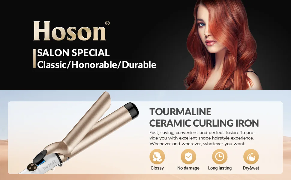 Hoson 1 1/2 Inch Curling Iron Large Barrel, 1.5 Long Barrel Curling Wand Dual Voltage, Ceramic Tourmaline Coating with LCD Display, Glove Include - curling iron