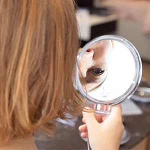 MIYADIVA Hand Mirror with Handle - 1x/10x Magnifying Mirror (Double Sided) - Portable Folding Handheld Mirror with Stand for Makeup/Travel 10x Magnification - Clear - hand mirror