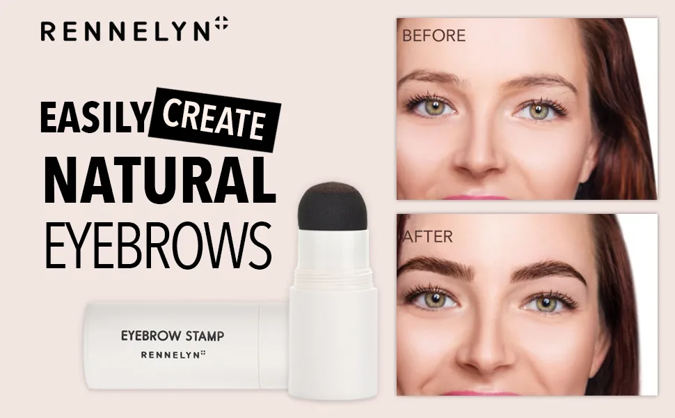 Rennelyn Eyebrow Stamp Stencil Kit and Eyebrow Shaping Kit for Perfect Eyebrow Long Lasting Formula Multi-Purpose for Eyebrows Hairline Shadow Powder (Dark Brown) - Before & After