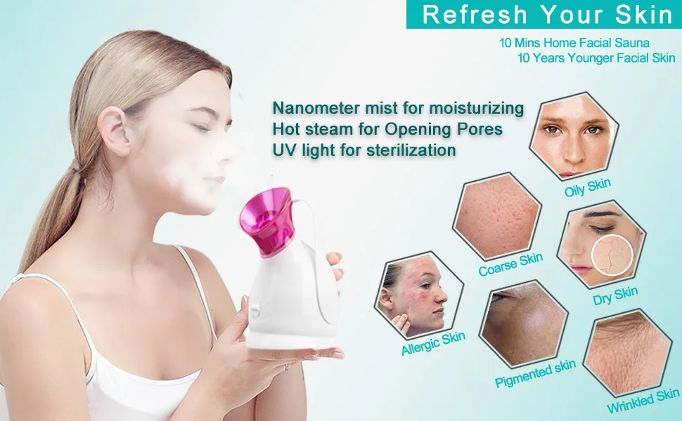 Facial Steamer Hot Mist Nano Ionic Face Skin Hydration Opening Pores Deep Cleansing Pink - product information 2