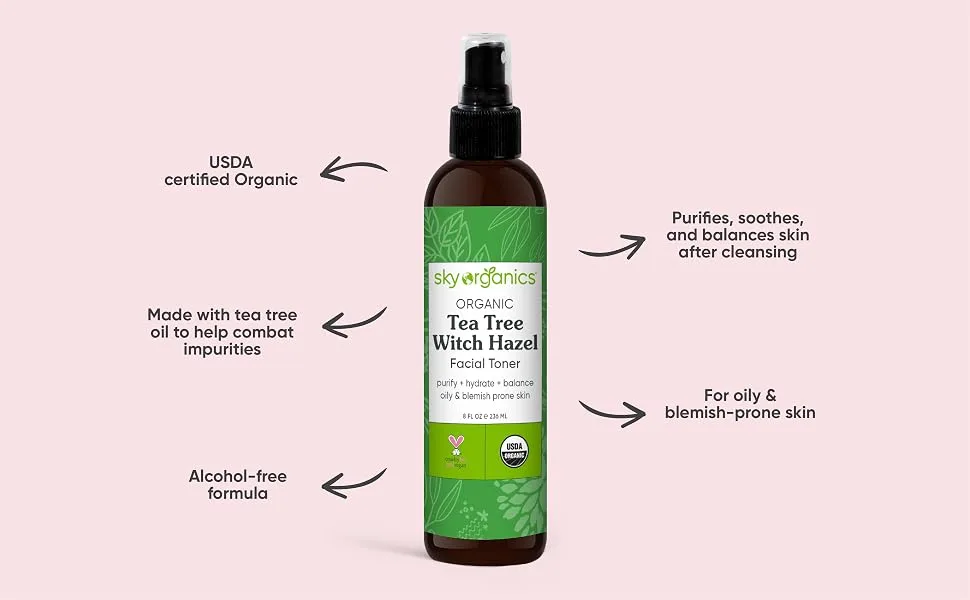 Sky Organics Organic Tea Tree Witch Hazel Toner for Face, USDA Certified Organic to Purify, Hydrate & Balance, 8 fl . Oz. - TEA TREE WITCH HAZEL