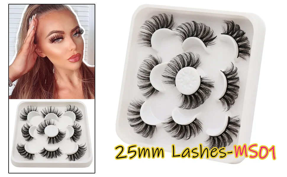 Veleasha Lashes Big Curl 3D Faux Mink Lashes 25mm Long Dramatic Fake Eyelashes for Gorgeous Eye Makeup, 5 Pairs Pack False Eyelashes (MS03) 5 Pairs Pack-MS03 - MS01