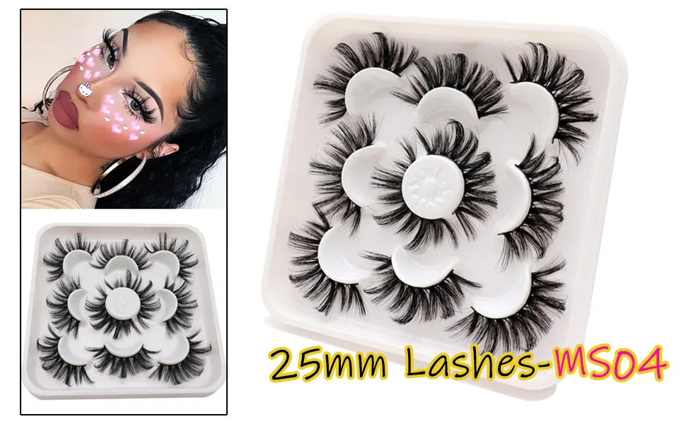Veleasha Lashes Big Curl 3D Faux Mink Lashes 25mm Long Dramatic Fake Eyelashes for Gorgeous Eye Makeup, 5 Pairs Pack False Eyelashes (MS03) 5 Pairs Pack-MS03 - MS04