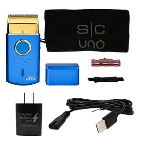StyleCraft Uno Shaver Collection Red Shaver - Image of complete kit: shaver with cap removed, USB connectors, forged blade, crunchy blade, pouch