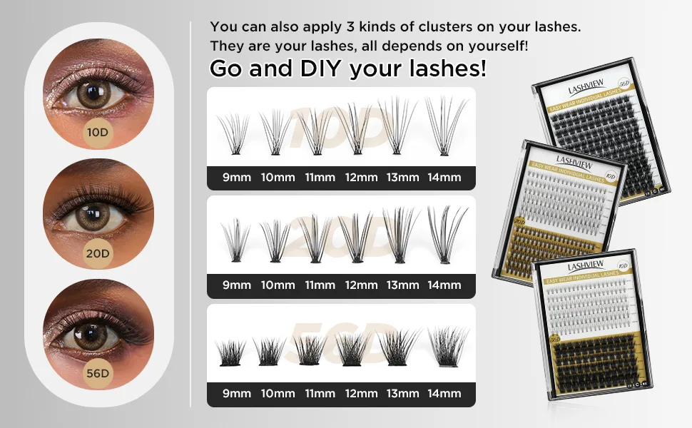 LASHVIEW DIY Lash Extension, Cluster Lashes,Soft and Lightweight, 0.10mm 56D 9-14mm Mixed Reusable Wide Band Lash Cluster at Home - lashview cluster lashes
