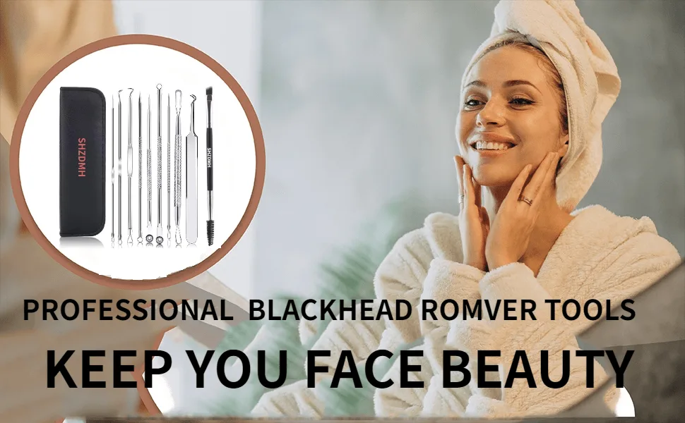 9PCS Blackhead Remover Comedone Extractor, Pimple Extractors Extractor Kit, Popper Extraction Tool Loop Curved Tweezers with free double-headed eyebrow brush - keep you face beauty