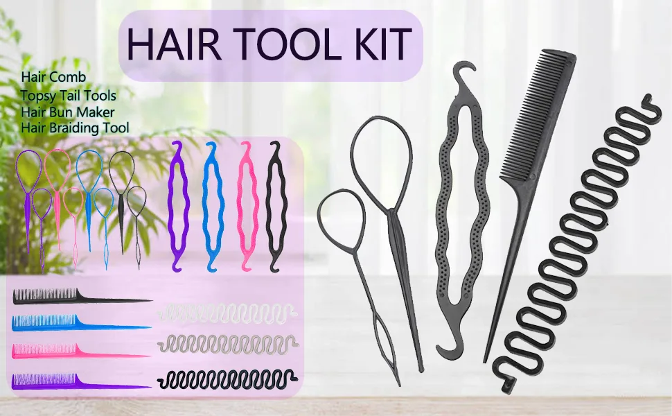 19 Pcs Hair Braiding Tool, DIY Hair Styling Tool Kit Updo Ponytail Maker Accessories Topsy Hair Braid Kit 19 Piece Set - hair tool
