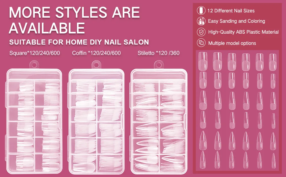 AORAEM Square Nail Tips,120 PCS Artificial Full Cover Nail Tips Soft Clear Gel Tips 12 Sizes Square Sharp False Nails with Box for Home DIY Nail Salon - Acrylic False Nail Tips