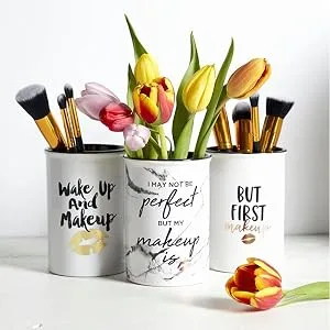 Ceramic Makeup Brush Holder Storage with Cute Sayings, Cosmetic Organizer for Make Up Brushes and Accessories - Round White Cosmetics Cup for Bathroom Vanity Countertop (Flawless) - makeup brush holders tile