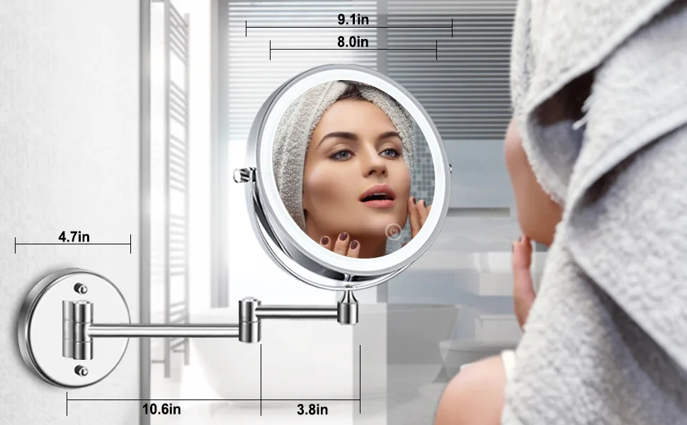 2000mAh Rechargeable Wall Mounted Makeup Mirror with Light 8inch 1X/10X Magnifying Lighted Makeup Mirror 3 Color Mode,Adjustable Light,Touch Screen,Charge by USB,Extendable Mirror-Gifts for Women - product information 12