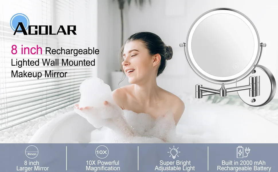2000mAh Rechargeable Wall Mounted Makeup Mirror with Light 8inch 1X/10X Magnifying Lighted Makeup Mirror 3 Color Mode,Adjustable Light,Touch Screen,Charge by USB,Extendable Mirror-Gifts for Women - product information 7
