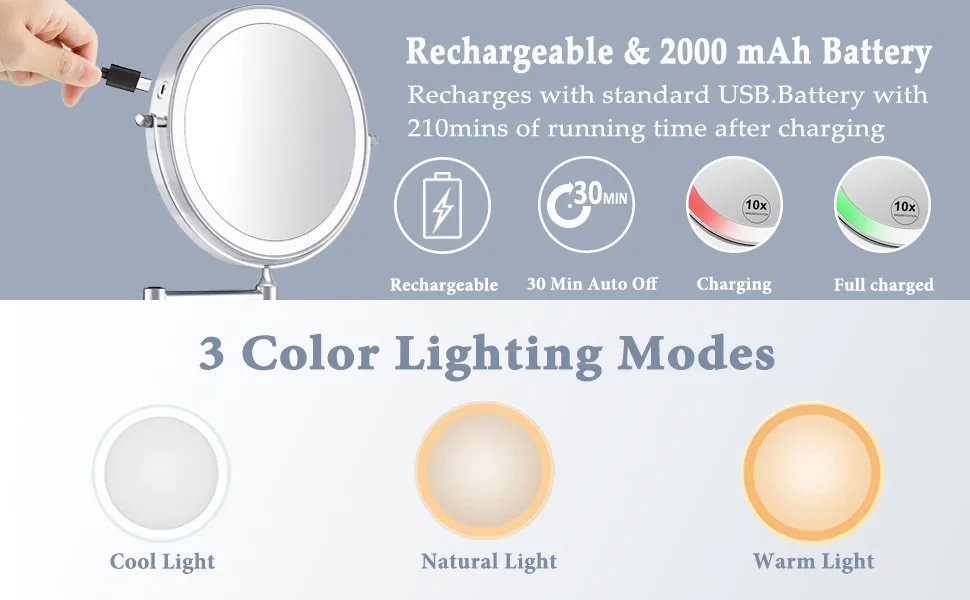 2000mAh Rechargeable Wall Mounted Makeup Mirror with Light 8inch 1X/10X Magnifying Lighted Makeup Mirror 3 Color Mode,Adjustable Light,Touch Screen,Charge by USB,Extendable Mirror-Gifts for Women - product information 8