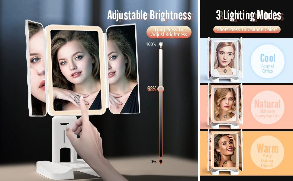 Makeup Mirror with Lights and Magnification, Trifold Lighted Makeup Mirror White Trifold - Adjustable Brightness