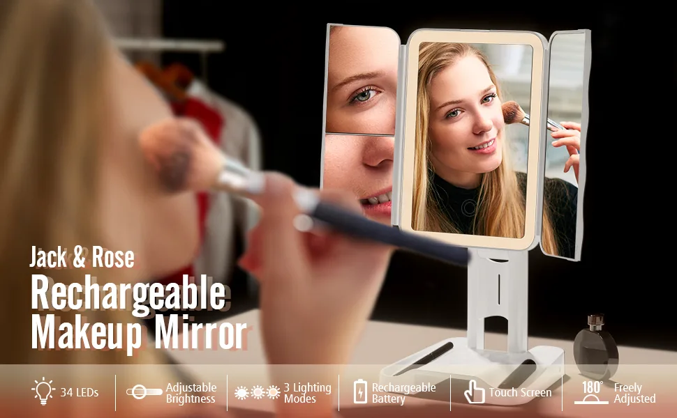 Makeup Mirror with Lights and Magnification, Trifold Lighted Makeup Mirror White Trifold - Jack & Rose Rechargeable Makeup Mirror