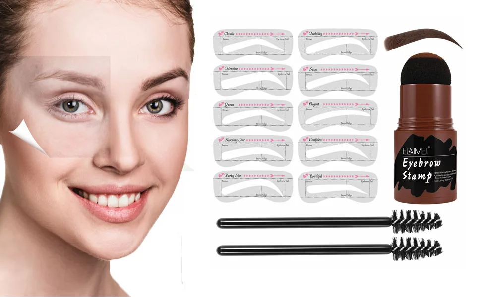 Eyebrow Stamp Stencil Kit,Waterproof Brow Stamp Shaping Kit Eyebrow Definer with 10 Reusable Stencils and 2 Small Pencil Brushes(Dark Brown) - Eyebrow stamp kit
