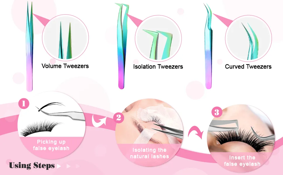 6 Pcs Lash Tweezers Eyelash Extension Tweezers, Stainless Steel Straight Tip Tweezers Curved Tip Tweezers Individual Volume Eyelash Tweezers Isolation Tweezers False Lash Application Tools (Pink) - product information 4