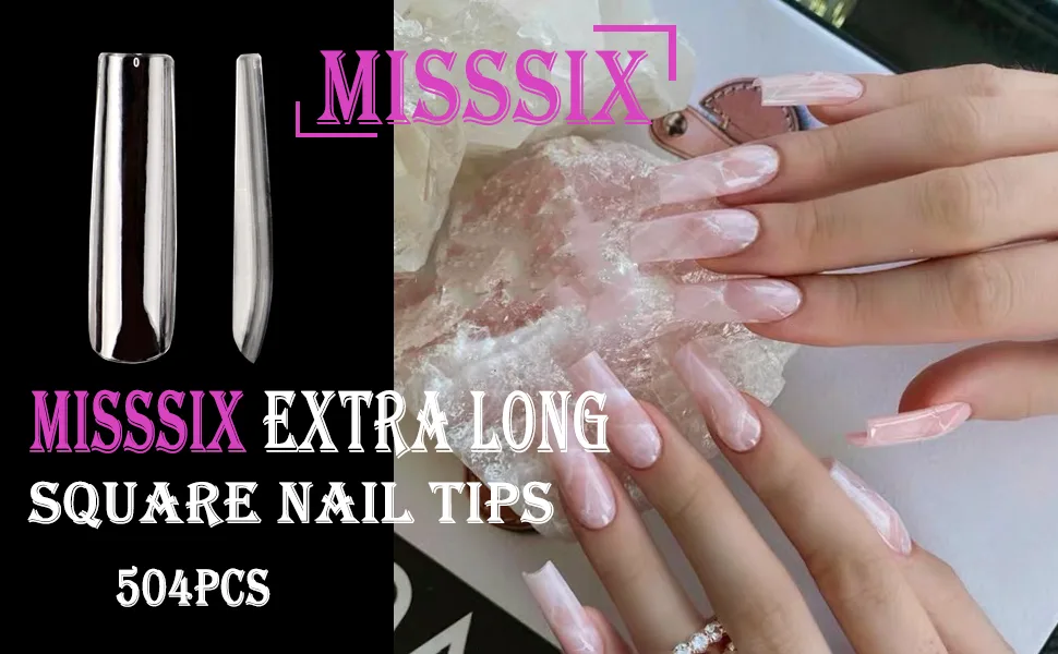 Extra Long Square Nail Tips - Misssix 504 Pcs XXL Square Press on Nails Clear Full Cover Nail Tips for Acrylic False Nail, 12 Sizes Square Full Cover Nail Tips - press on nails