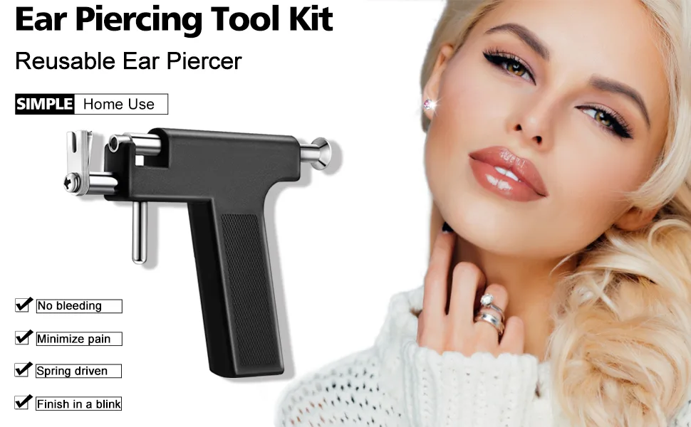Ear Piercing Gun Kit Reusable Ear Percinging Tool Professional Body Nose Lip Earrings Set With Stainless Steel Studs Silver Sticks For Salon Home Use… Black - Ear Piercing Gun