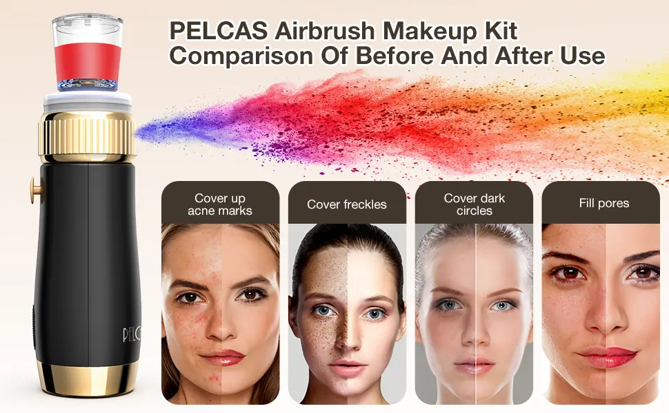 PELCAS Cordless Air Airbrush Basic Makeup System Starter Kit, Professional Airbrush Foundation Machine Handheld Mini Rechargeable Air Brush Gun Kit for Face at Home SPA 35ML - PELCAS Airbrush Makeup Kit