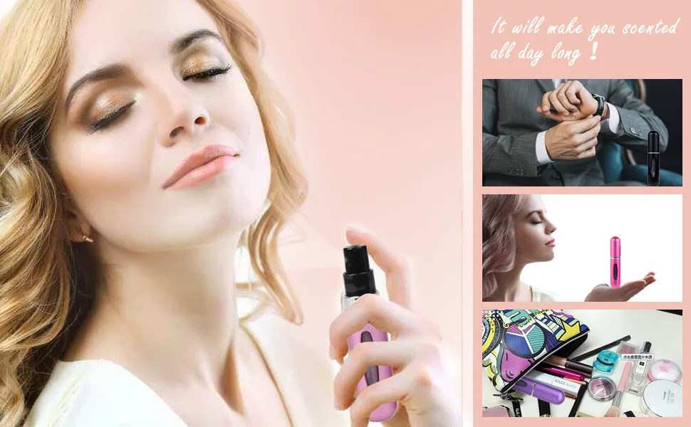 TIGERMILLION Portable 5ml Refillable Perfume Atomizer Bottle, Mini Refillable Perfume Spray, Scent Pump Case, Perfume Atomizer Refillable Travel Pink,Blue,Silver,Black - Perfume atomizer