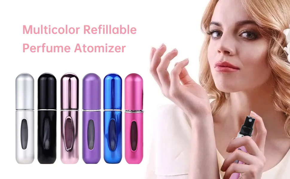 TIGERMILLION Portable 5ml Refillable Perfume Atomizer Bottle, Mini Refillable Perfume Spray, Scent Pump Case, Perfume Atomizer Refillable Travel Pink,Blue,Silver,Black - perfume bottle