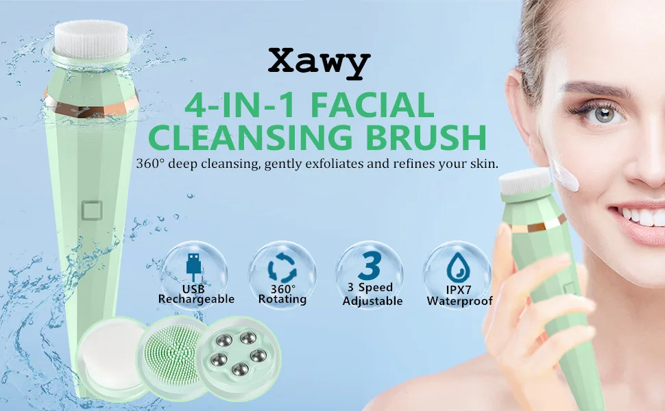 Facial Cleansing Brush, Xawy& Rechargeable Waterproof Face Brush 360° Spin Face Scrubber with 3 Modes 4 Face Brush for Deep Cleansing, Gentle Exfoliating, Removing Blackhead, Massaging - 1-1111