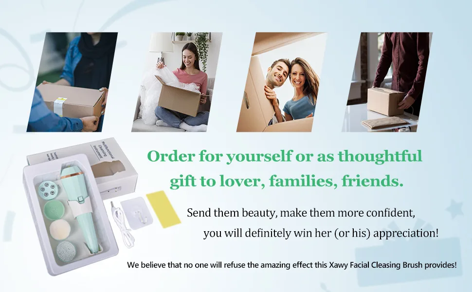 Facial Cleansing Brush, Xawy& Rechargeable Waterproof Face Brush 360° Spin Face Scrubber with 3 Modes 4 Face Brush for Deep Cleansing, Gentle Exfoliating, Removing Blackhead, Massaging - product information 9