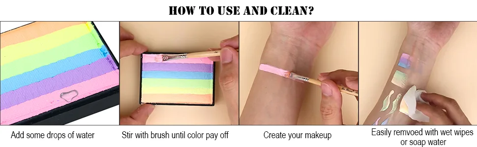 Bowitzki 50g Pastel Color Split Cake Water Activated eyeliner UV Glow Graphic eye liner Hydra Liner Rainbow Face Body Paint Makeup - How to use and clean