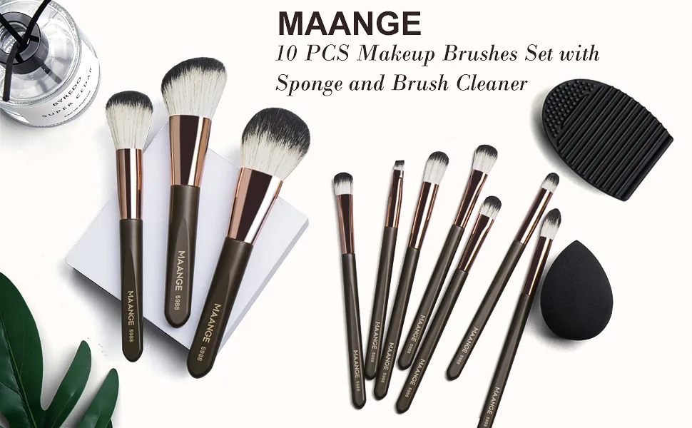Makeup Brushes 10 Pcs Makeup Brush Set Professional Premium Synthetic Foundation Brush Blending Face Powder Eye Shadows Blush Make up Brushes with Makeup Sponge and Brush Cleaner (Brown) - makeup brushes
